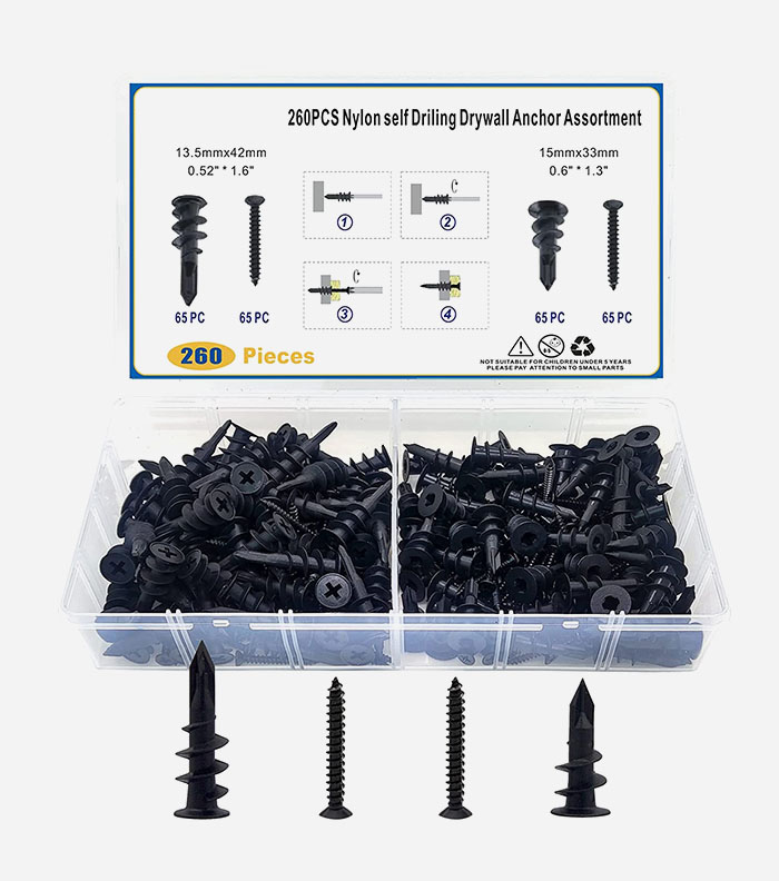  260PC Nylon Self Driling Drywall Anchor Black