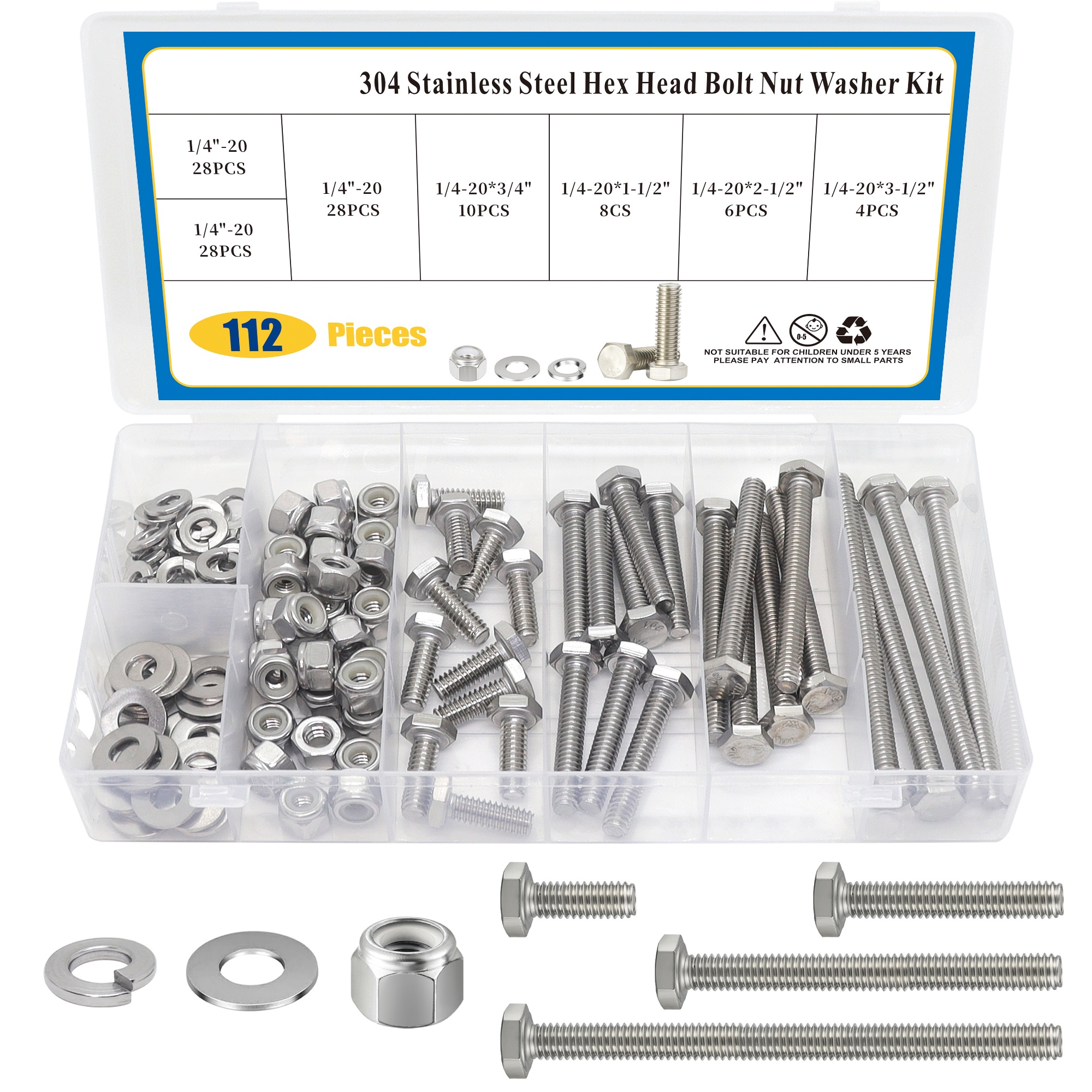 Hex Head Bolt Nut Washer 112PCS